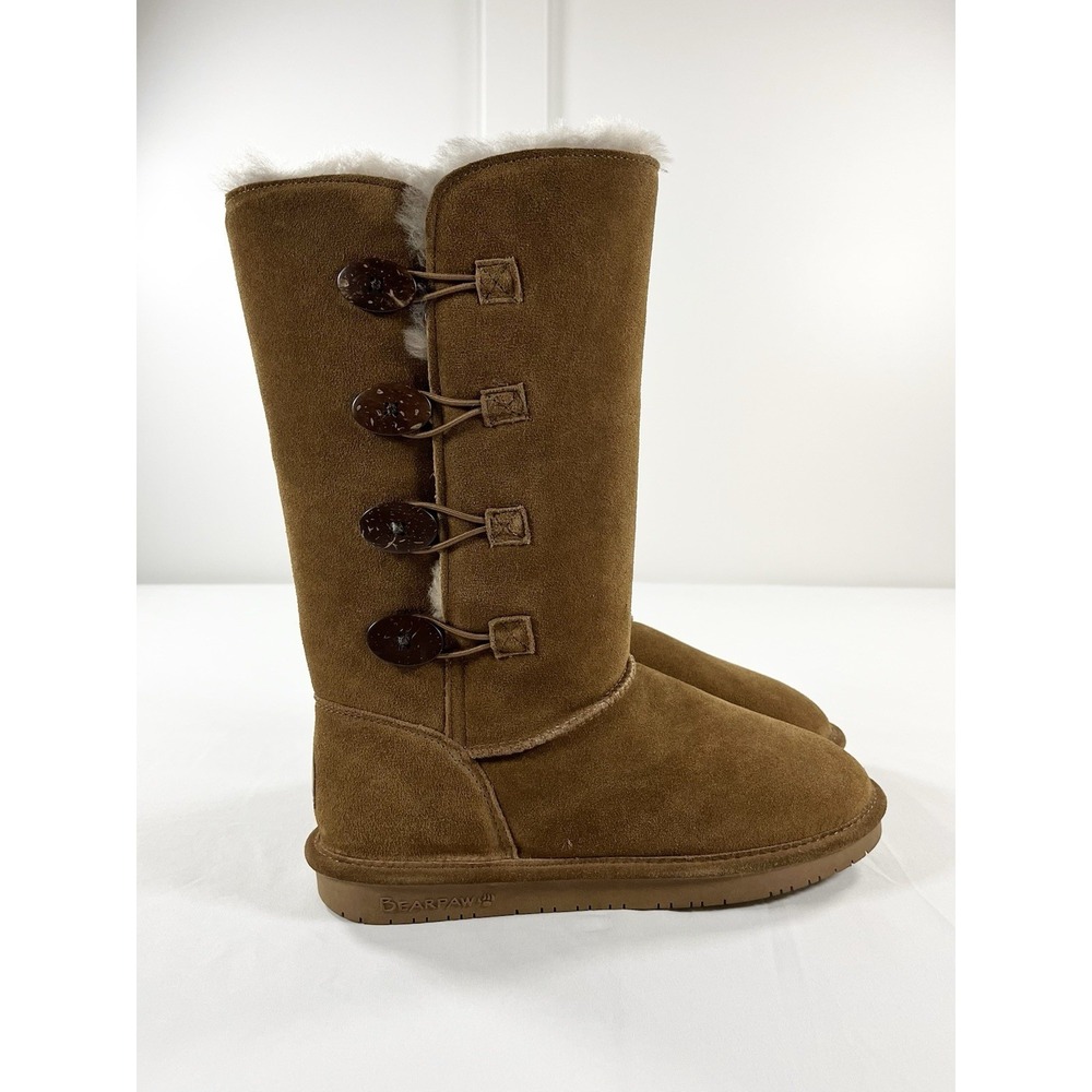 Bearpaw Lori Tall Suede Winter Boots Womens 10 Hickory Sheepskin Toggle New